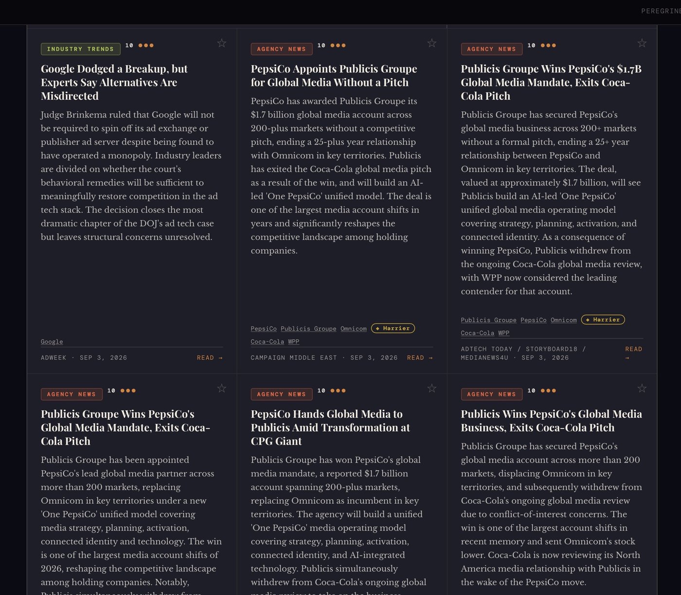 Six Caracara stories from different trade outlets all covering the same PepsiCo-Publicis Groupe $1.7 billion global media deal, several cross-tagged to a matching Harrier signal