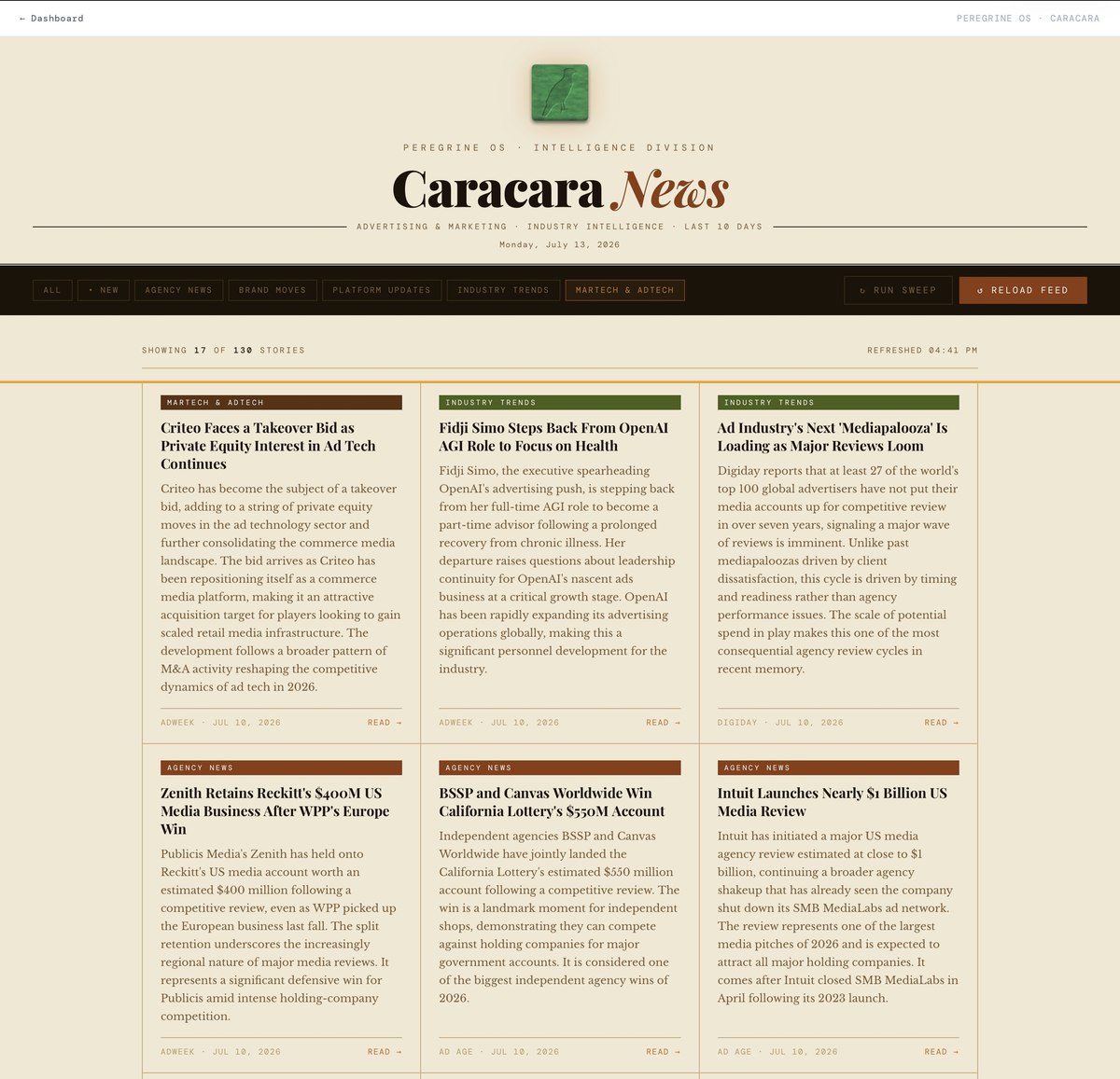 Caracara News — Peregrine's advertising and marketing industry news feed, showing the masthead and a set of scored story cards