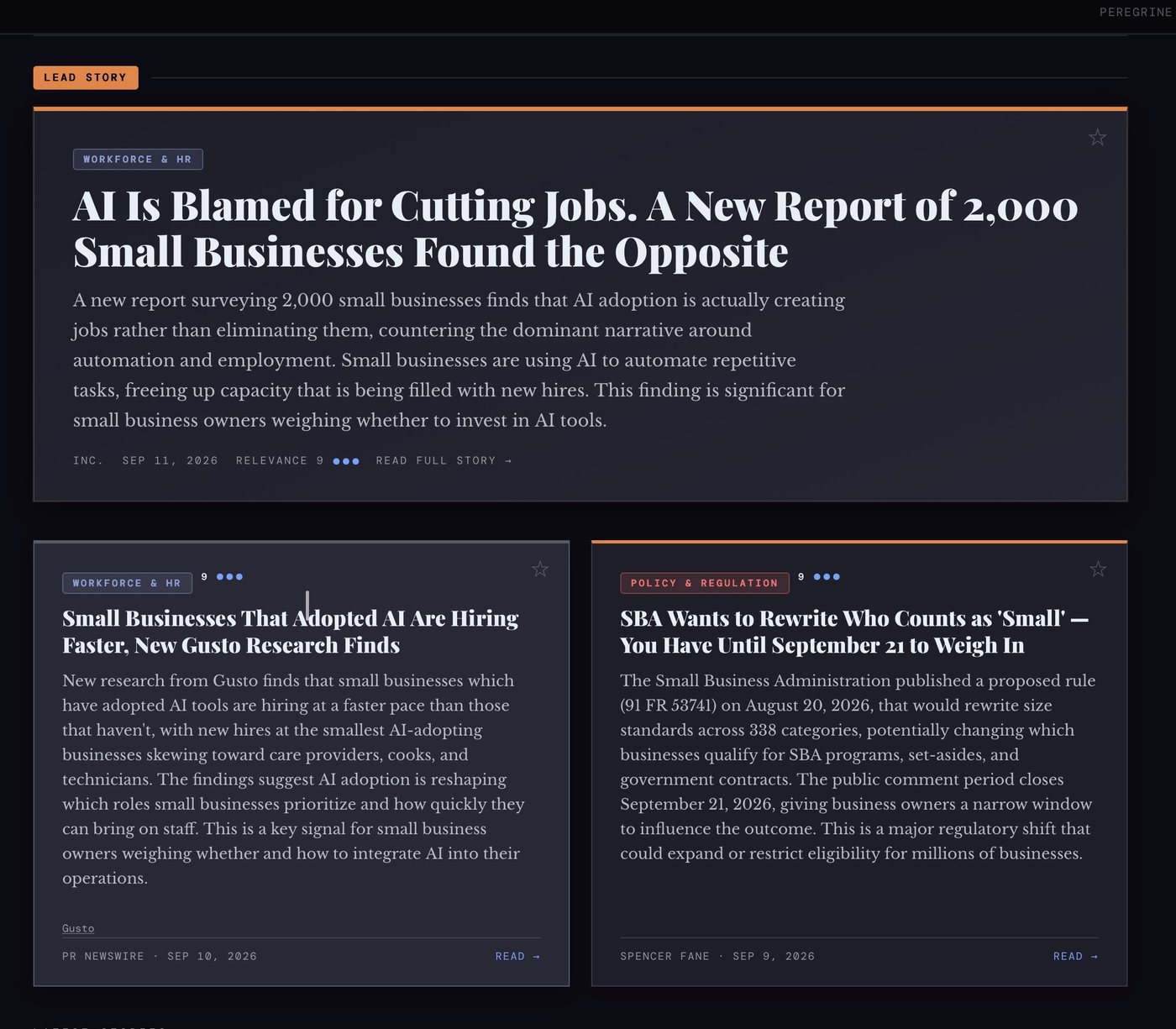 Falconet lead story: "AI Is Blamed for Cutting Jobs. A New Report of 2,000 Small Businesses Found the Opposite," scored 9 out of 10 relevance