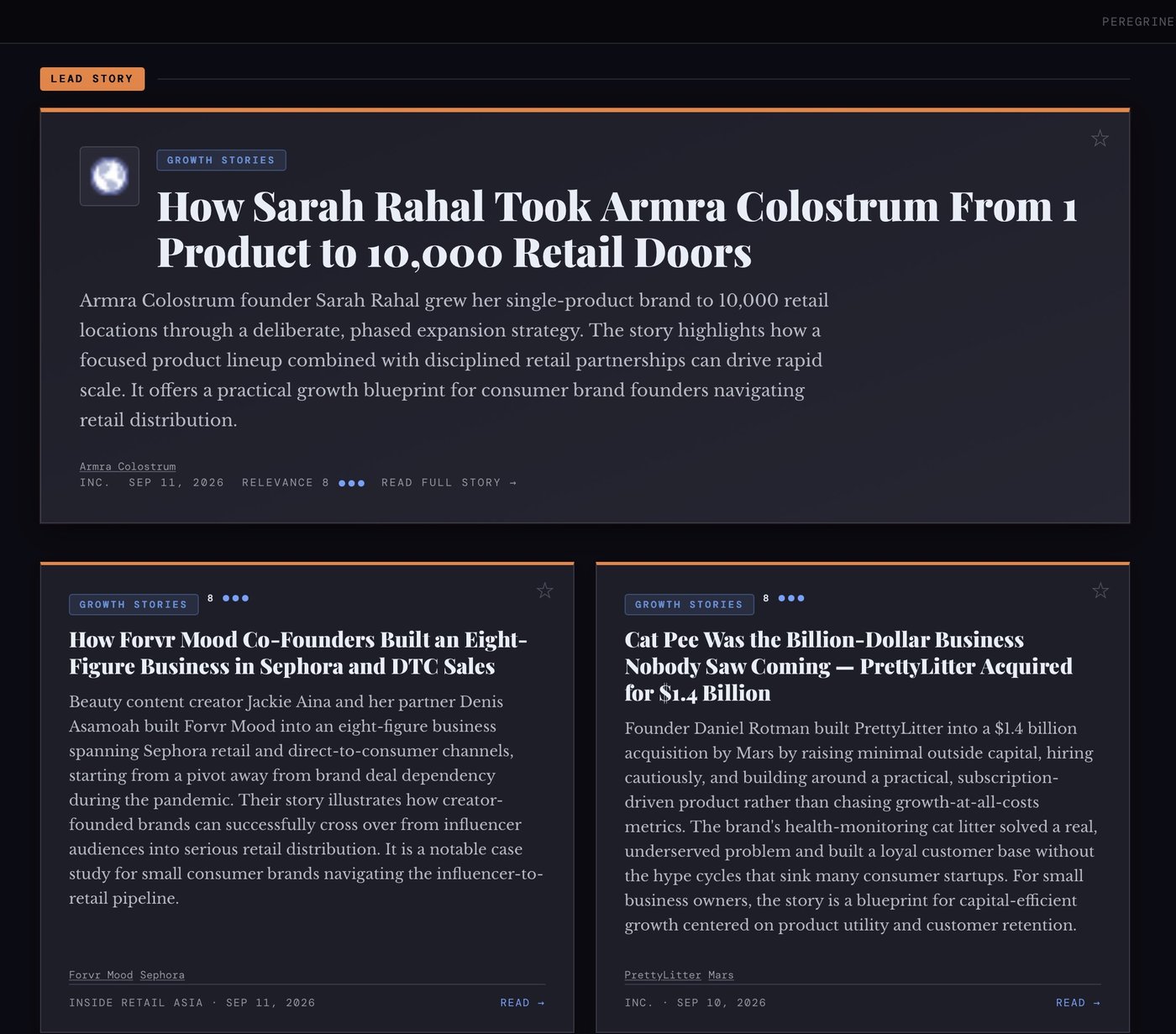 Falconet lead story: "How Sarah Rahal Took Armra Colostrum From 1 Product to 10,000 Retail Doors," scored 8 out of 10 relevance