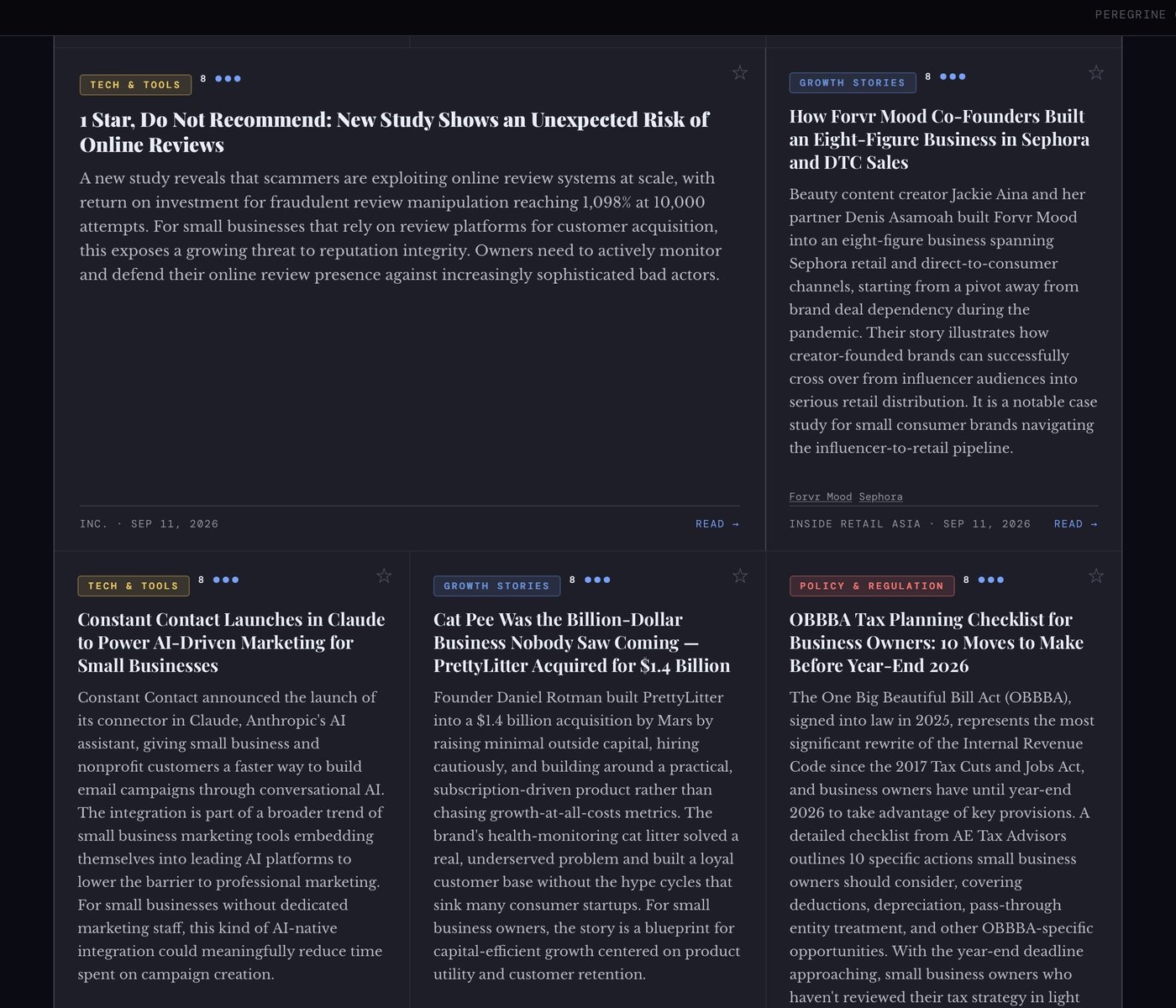 Falconet's latest-stories grid: funding, policy, tech, growth, and workforce stories side by side, each categorized, scored, and sourced