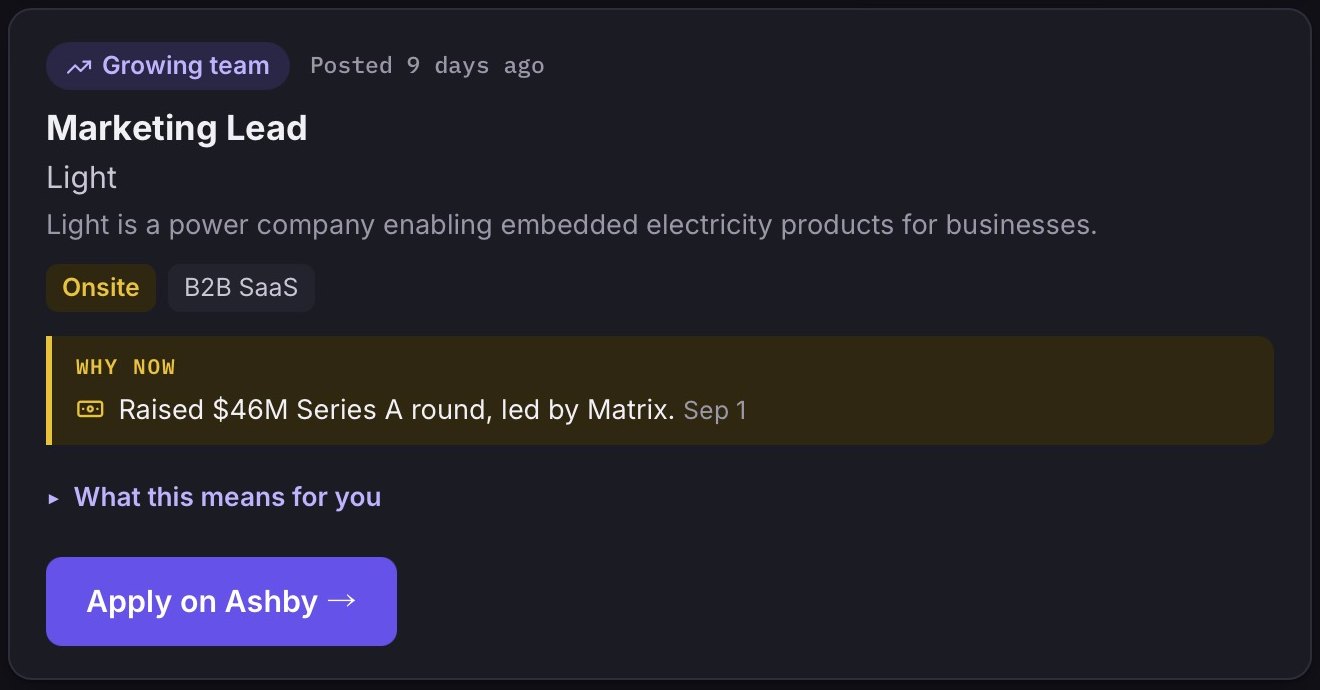 An Open Field role card: Marketing Lead at Light, tagged Growing team, Onsite, B2B SaaS, with a Why now line (raised a $46M Series A led by Matrix) and an Apply on Ashby button