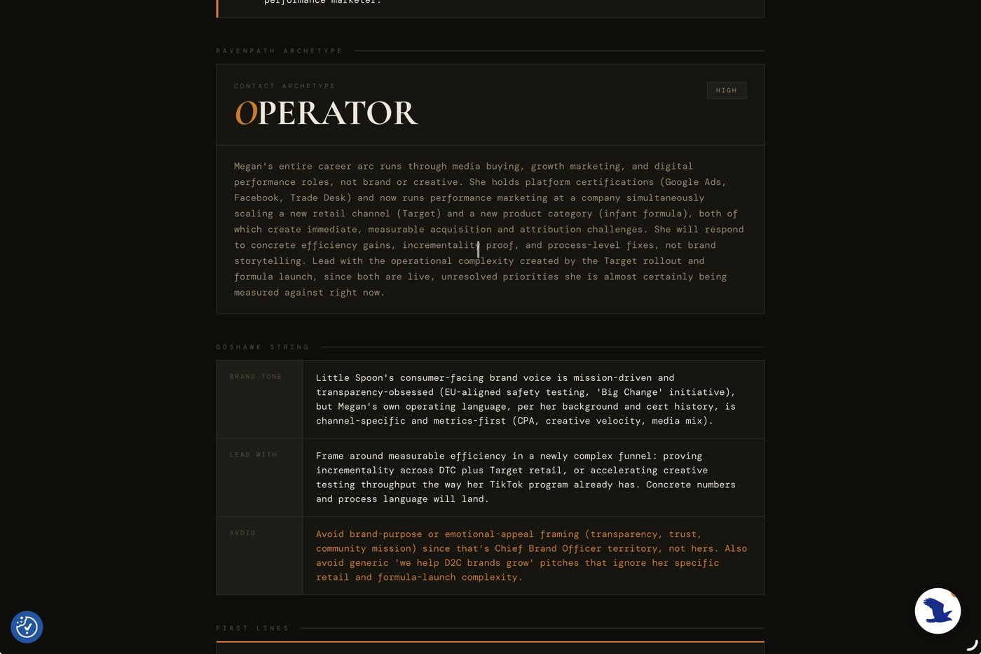 Quickstrike Ravenpath archetype and Goshawk String brand-tone guidance for the contact