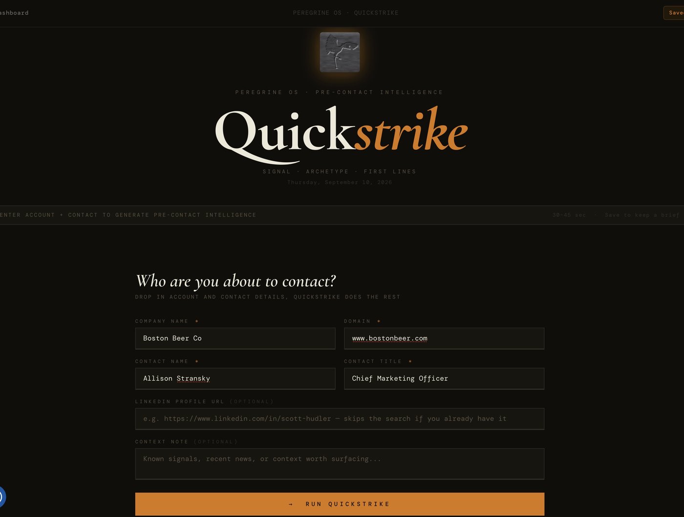 Quickstrike's input form: company name, domain, contact name and title, with an optional LinkedIn URL and context note